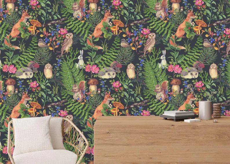 Floral Forest Wallpaper Mural, Art Deco Gift