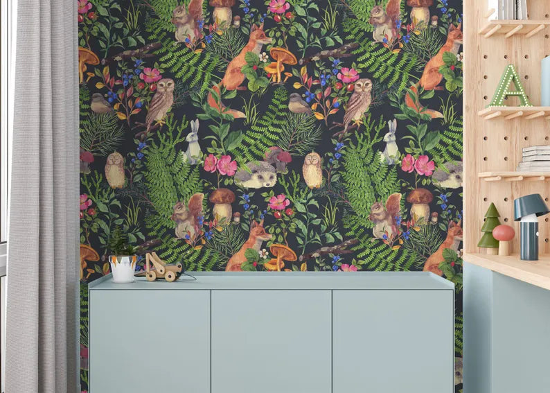 Floral Forest Wallpaper Mural, Art Deco Gift