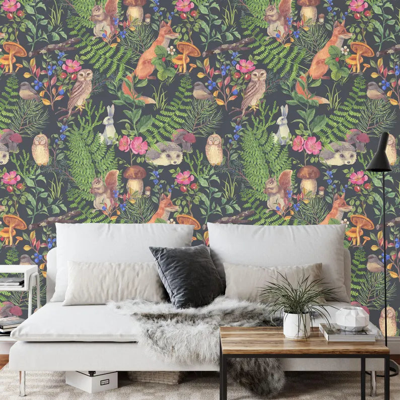 Floral Forest Wallpaper Mural, Art Deco Gift