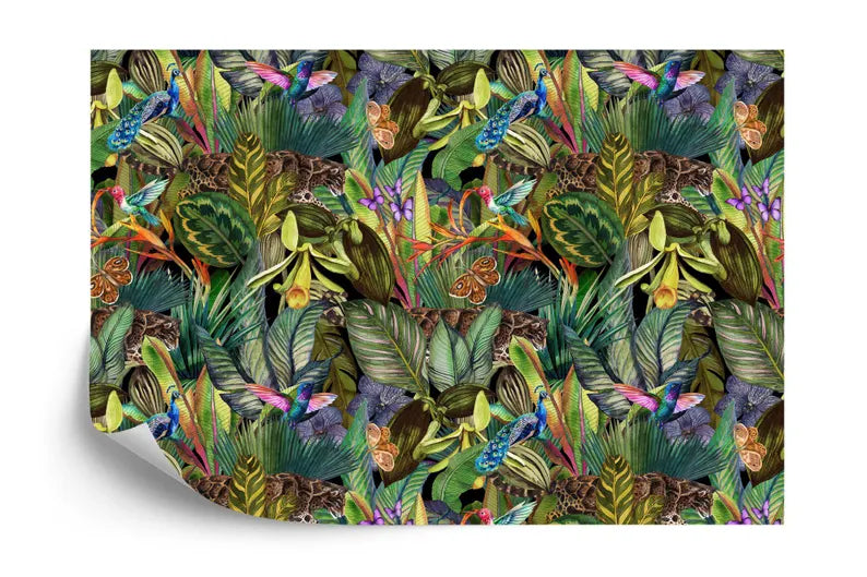 Full view of watercolor tropical jungle wallpaper with layered palm leaves and exotic foliage pattern
