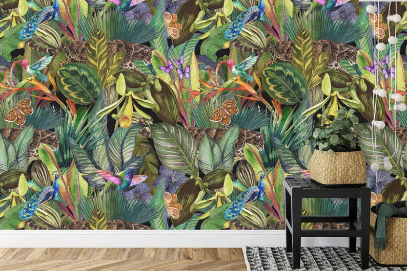 Detailed view of watercolor tropical wallpaper featuring overlapping palm leaves in rich green tones
