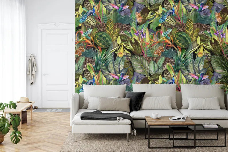 Watercolor tropical jungle mural showcasing botanical palm fronds and lush greenery
