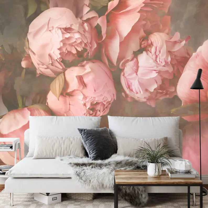 Premium baroque peony mural wallpaper with dramatic floral composition
