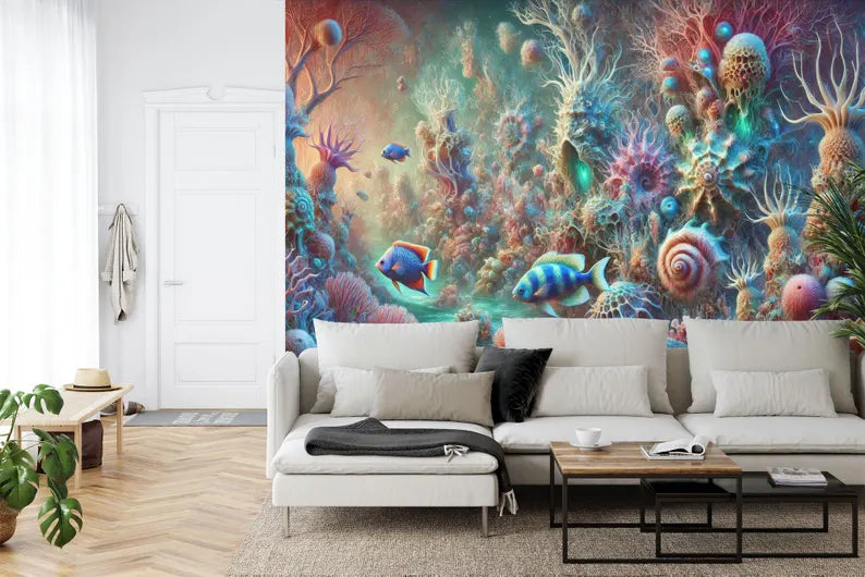 Detailed view of coral reef wallpaper mural with exotic marine life and sea creatures in vivid colors
