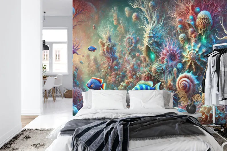 Large-scale coral reef wall decal displaying diverse marine ecosystem with colorful fish and coral
