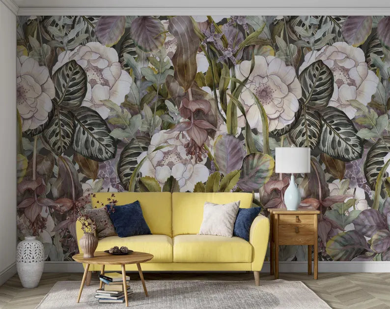 Close-up detail of tropical flowers wallpaper showing colorful petals and foliage
