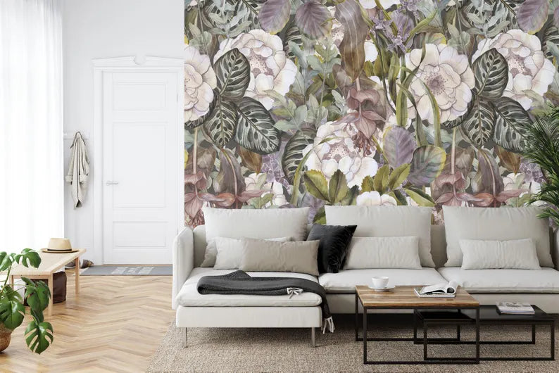 Tropical botanical wallpaper mural with large-scale floral pattern for modern interiors
