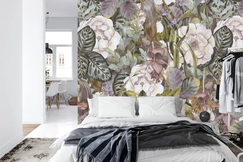 Vibrant tropical floral wallpaper design with bold colors and botanical elements
