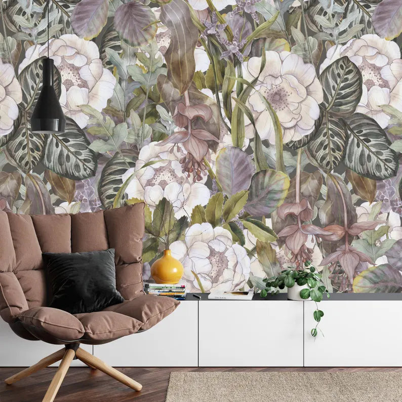 Tropical flowers wall mural installation showing seamless pattern and rich detail
