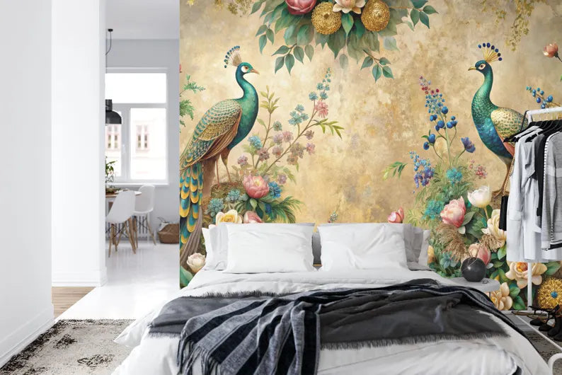 Peacock and Floral Garland Wall Mural