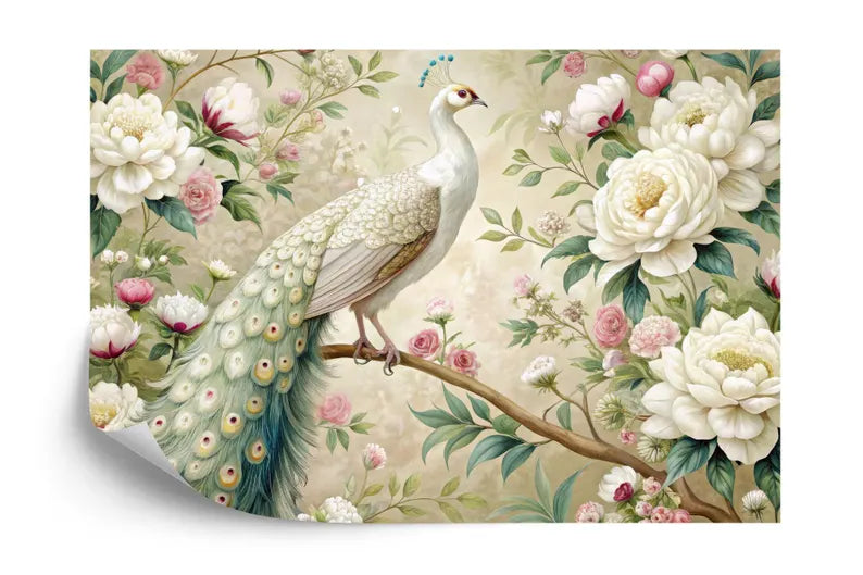 Elegant peacock and floral garland wallpaper mural design detail
