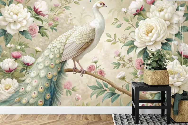 Close-up of peacock feather detail on floral garland wall mural
