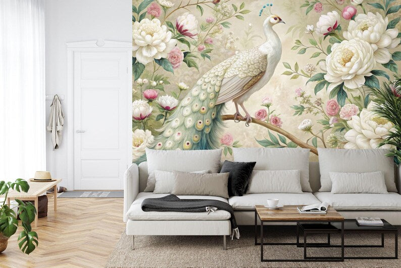 White Peacock Wallpaper Mural, Floral Garland Gift