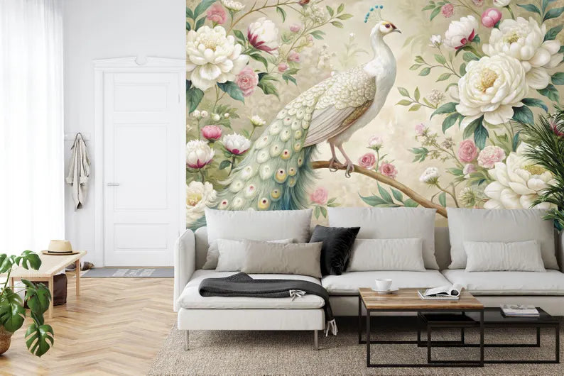 Detailed view of white peacock and botanical floral garland wallpaper pattern
