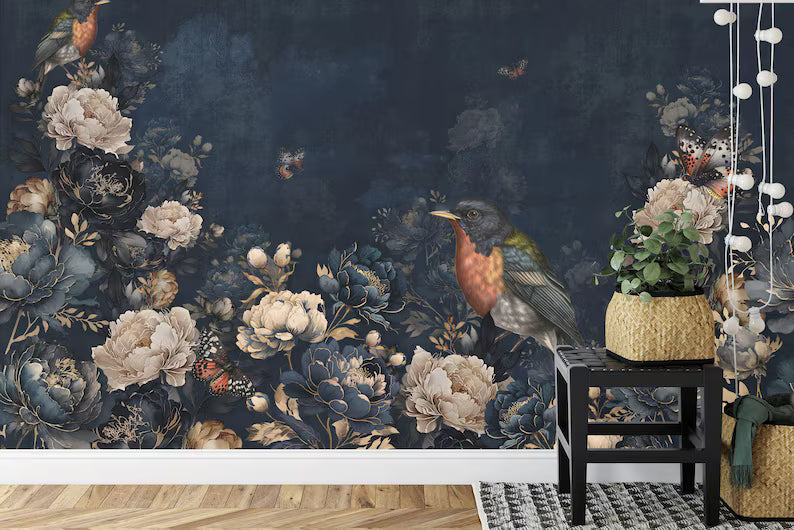 Vintage Chinoiserie Mural | Birds, Flowers, Trees Art Print