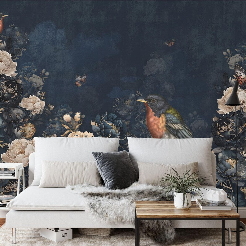 Vintage Chinoiserie Mural | Birds, Flowers, Trees Art Print
