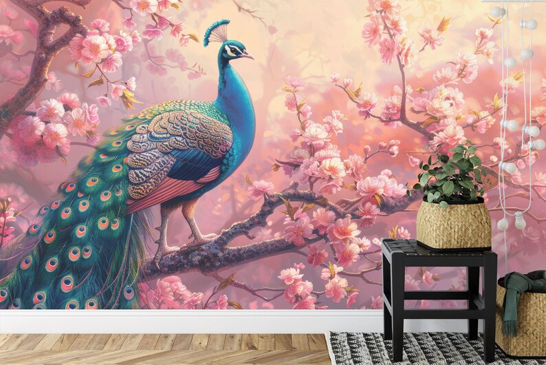 Peacock Wallpaper Mural, Vintage Flowers Branches Gift