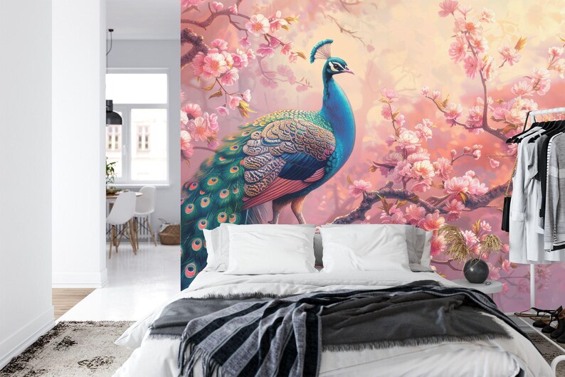 Peacock Wallpaper Mural, Vintage Flowers Branches Gift