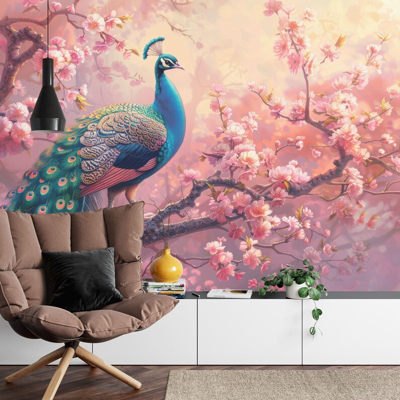 Peacock Wallpaper Mural, Vintage Flowers Branches Gift