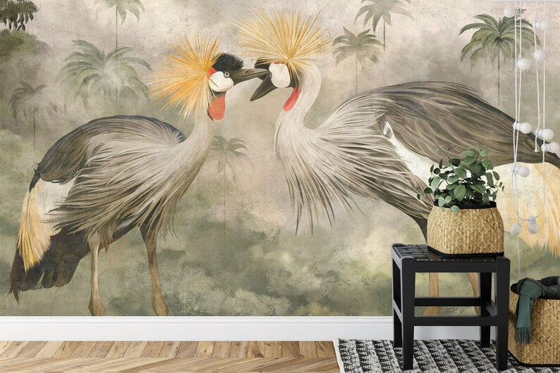 African Crowned Crane Wallpaper Mural, Tropical Forest Art Print