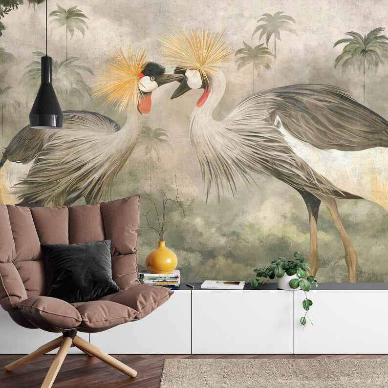African Crowned Crane Wallpaper Mural, Tropical Forest Art Print