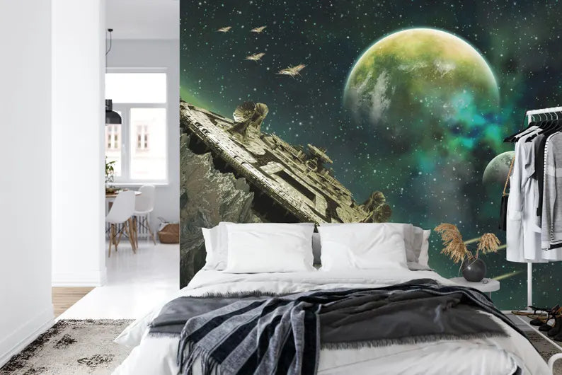 Green Alien Planet Wallpaper Mural, Sci-Fi Space Station