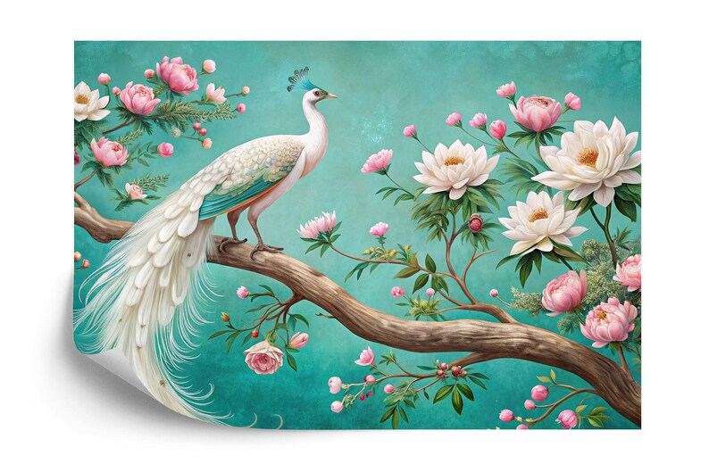 White Peacock Floral Garden Mural Wallpaper