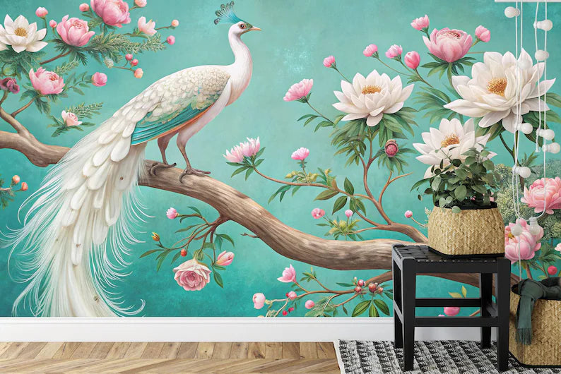 White Peacock Floral Garden Mural Wallpaper