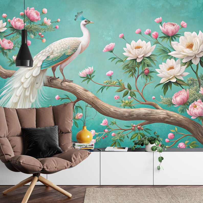 White Peacock Floral Garden Mural Wallpaper
