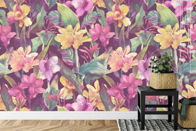 Tropical Flowers Wallpaper Mural, Watercolor Floral Wall Decal
