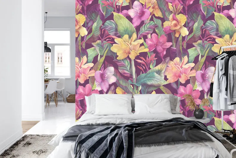 Tropical Flowers Wallpaper Mural, Watercolor Floral Wall Decal