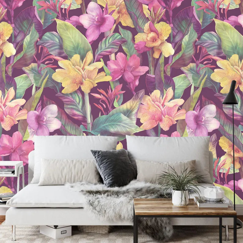 Tropical Flowers Wallpaper Mural, Watercolor Floral Wall Decal