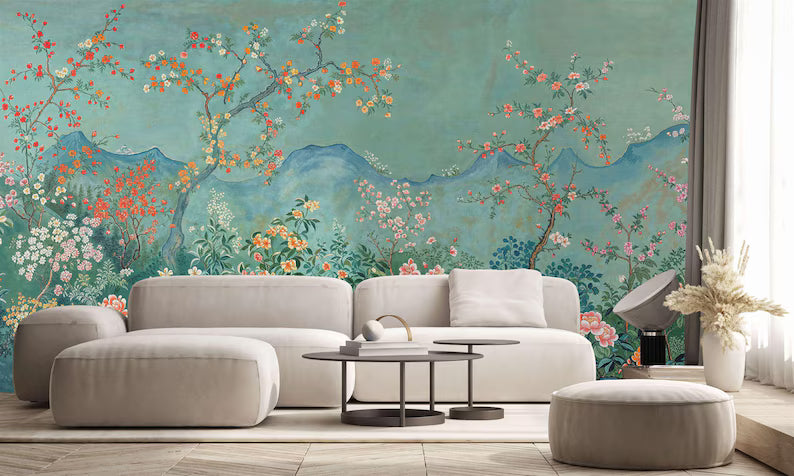 Chinoiserie Blossom Tree Wallpaper Mural – Japanese Mountain Art