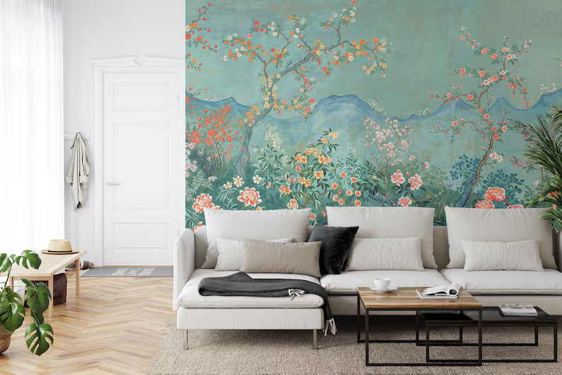 Chinoiserie Blossom Tree Wallpaper Mural – Japanese Mountain Art