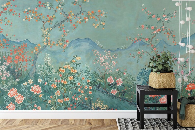 Chinoiserie Blossom Tree Wallpaper Mural – Japanese Mountain Art