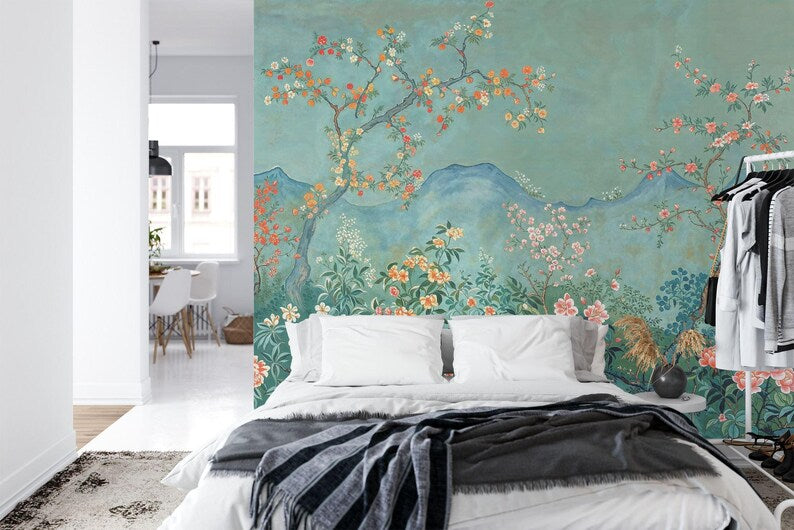 Chinoiserie Blossom Tree Wallpaper Mural – Japanese Mountain Art