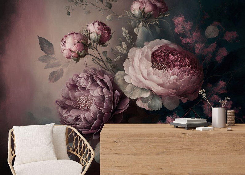 Baroque Peonies Wallpaper Mural, Rich Deep Colors