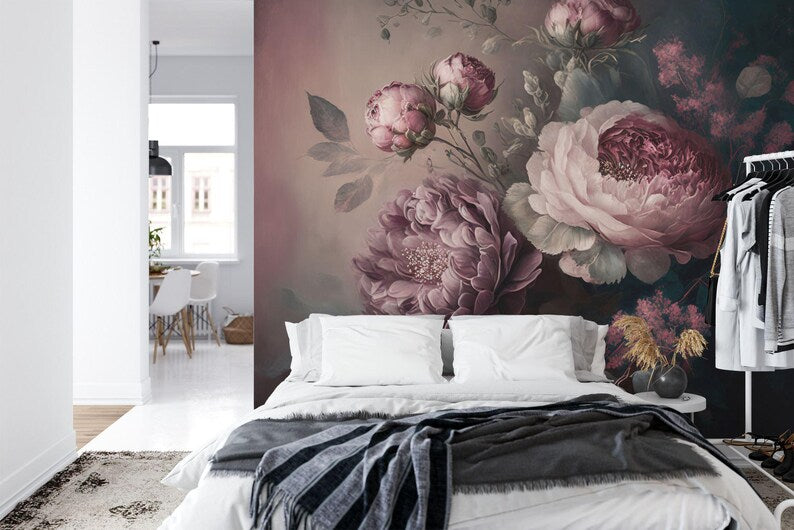 Baroque Peonies Wallpaper Mural, Rich Deep Colors