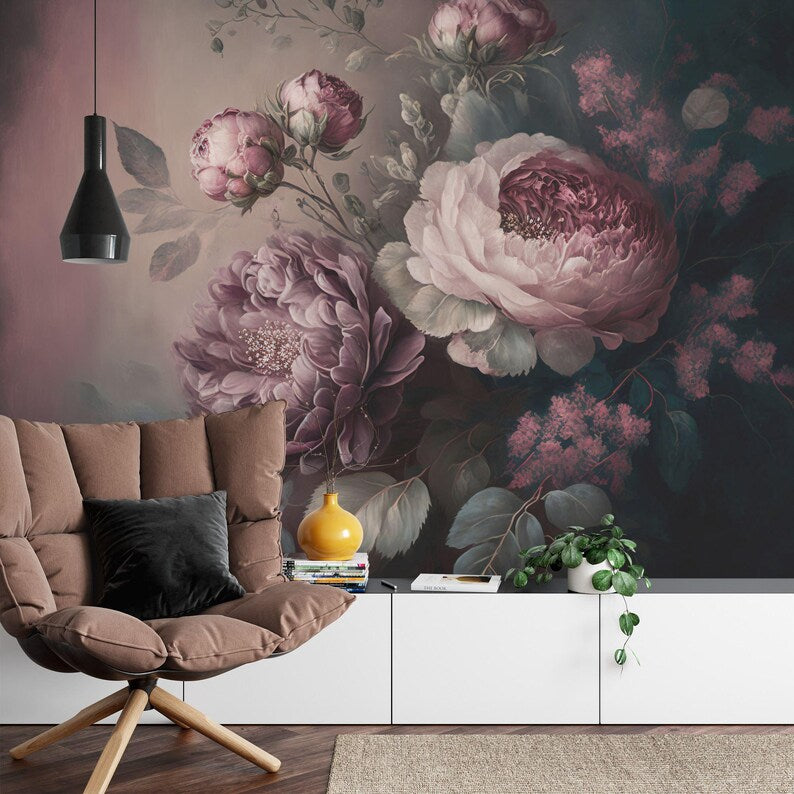 Baroque Peonies Wallpaper Mural, Rich Deep Colors