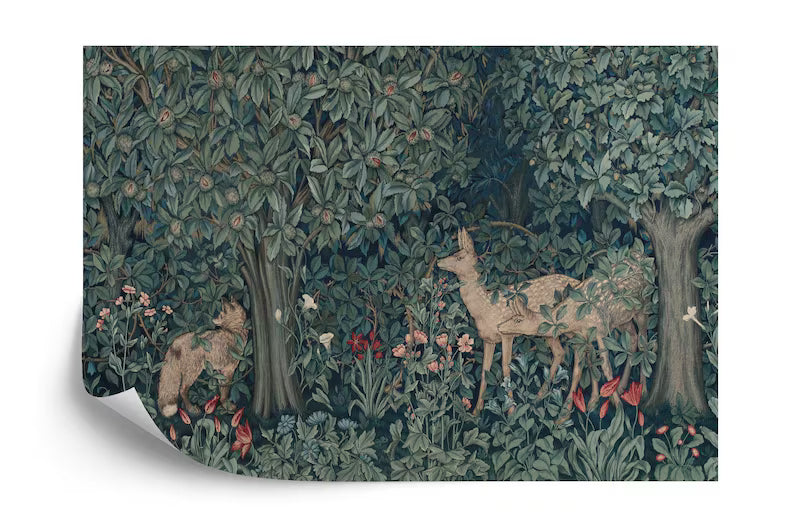 William Morris woodland wallpaper with deer, birds and botanical elements in heritage green
