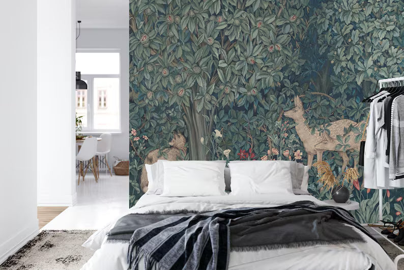 Removable woodland animal wallpaper featuring deer and nature elements in vintage style
