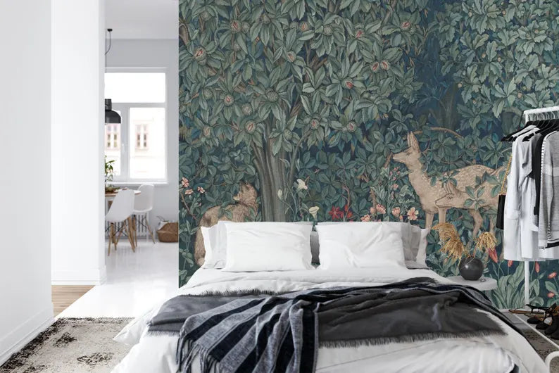 William Morris Woodland Deer Wallpaper Mural - Greenery