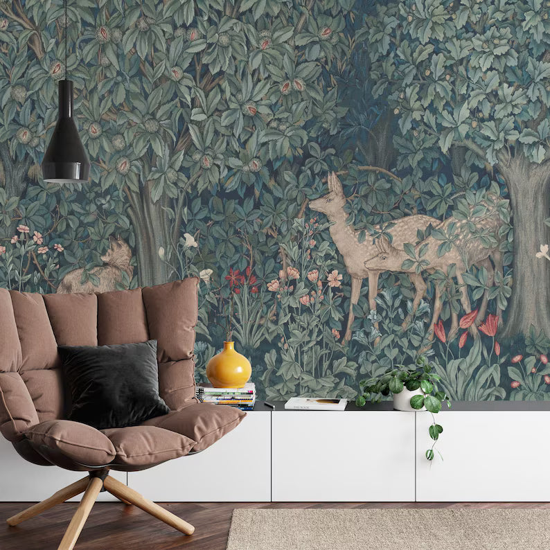 Arts and Crafts deer wallpaper mural with intricate botanical details and forest animals
