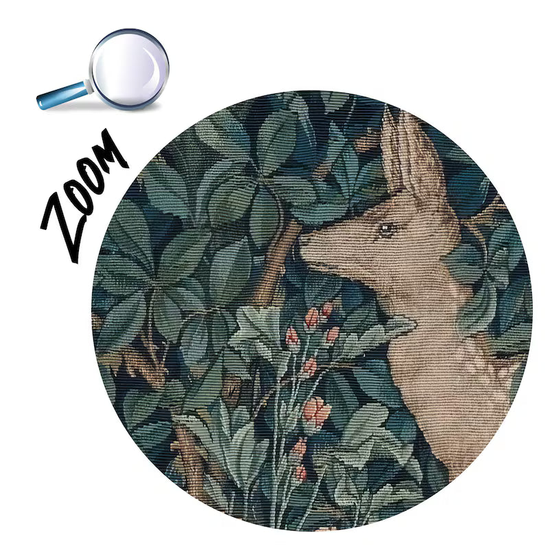 Vintage deer and forest wallpaper mural featuring William Morris style botanical design
