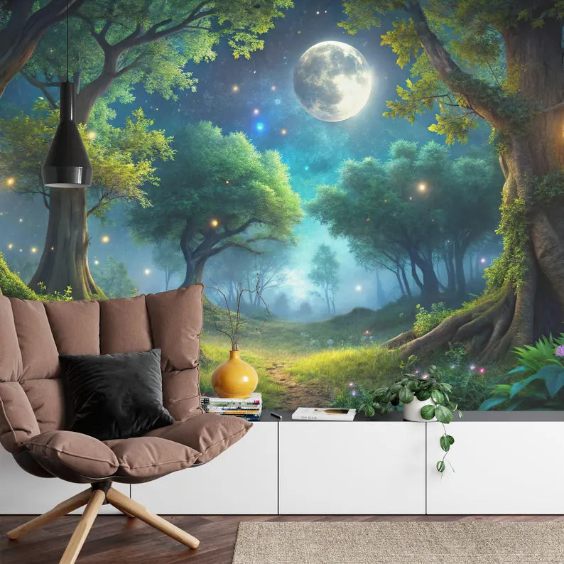 Moonlit Forest Wallpaper Mural, Firefly Twinkling Lights