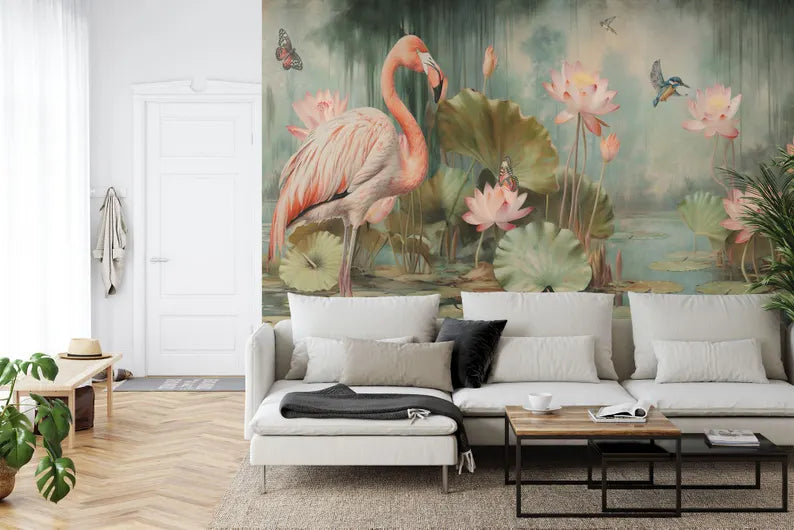 Vintage Watercolor Flamingo Wallpaper Mural, Oriental Cloud Art