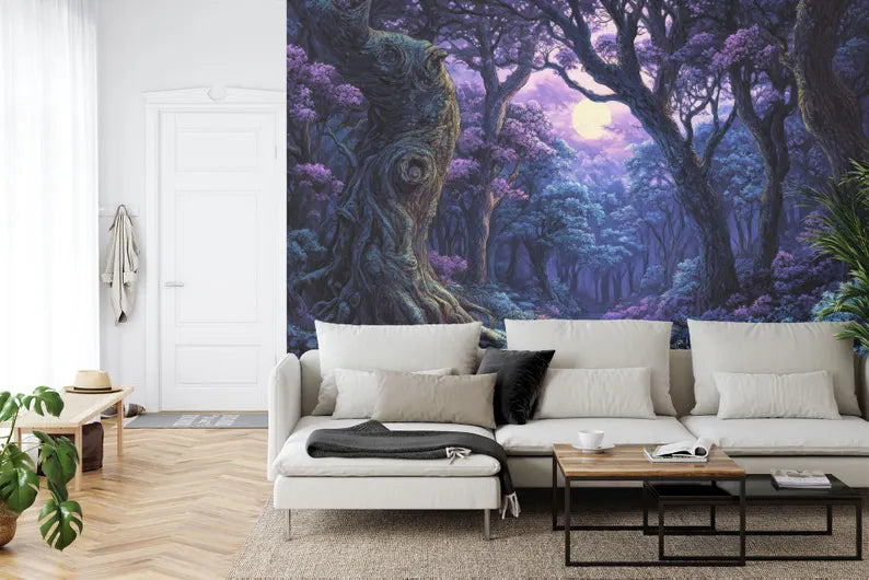 Fantasy Forest Wallpaper Mural, Purple Cyan Gift
