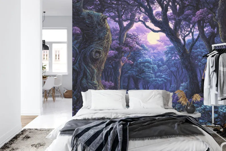 Fantasy Forest Wallpaper Mural, Purple Cyan Gift