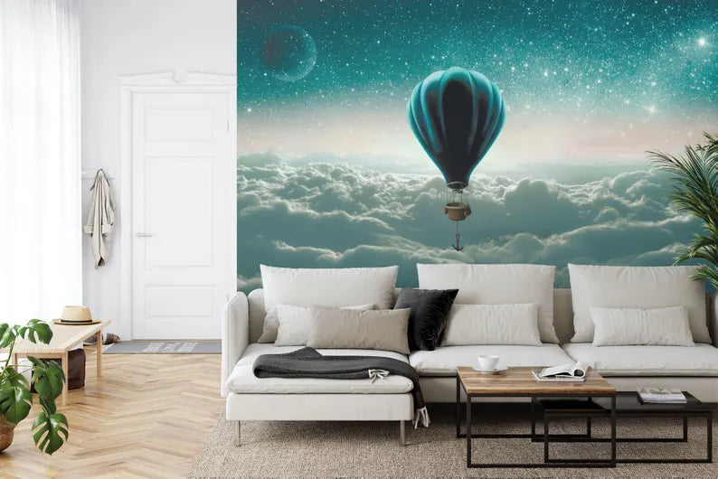 Watercolor Hot Air Balloon Wallpaper Mural, Clouds Nursery Decor