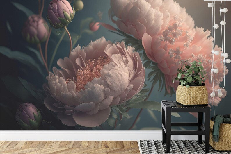 Baroque Peony Flower Wall Mural, Rich Colors Gift